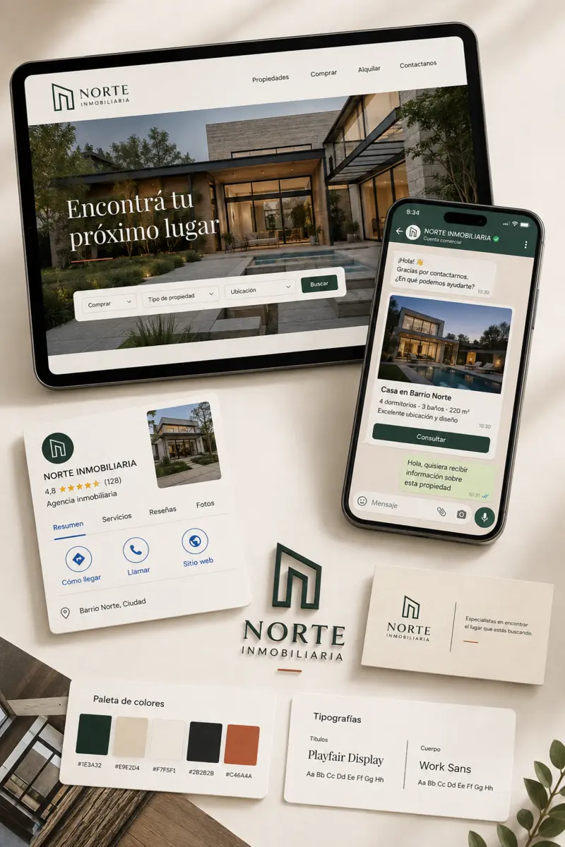 Identidad inicial aplicada a la web, WhatsApp, Google y piezas de una inmobiliaria